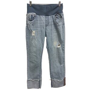 M.Rena Womens Carpi Jeans Size Large Light Blue Denim Cropped Distressed Pull On